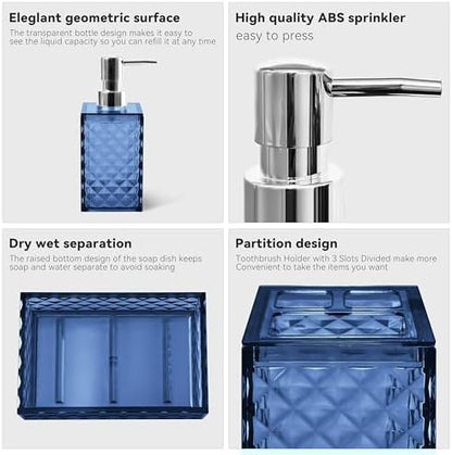 4 PCS Blue Bathroom Accessory Set,Plastic Bathroom Accessories Sets