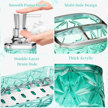 Bathroom Accessories Set, 7 Pcs Teal Bathroom Set, Acrylic Soap Dispenser and Toothbrush Holder Set, Qtip Holder Set, Bathroom Sink Set, Gift for Home Apartment