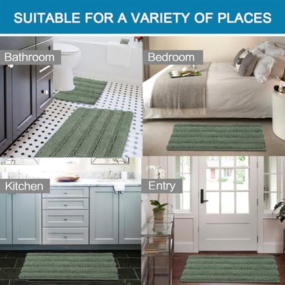 H.VERSAILTEX Bathroom Rugs Bath Rug Set 2 Piece Bathroom Contour Rug Toilet Mat Non Slip Contour Bath Rug Ultra Thick Water Absorbent Striped Bath Mats Washable(47" x 17" Plus 20" x 20" U, Green Bay)