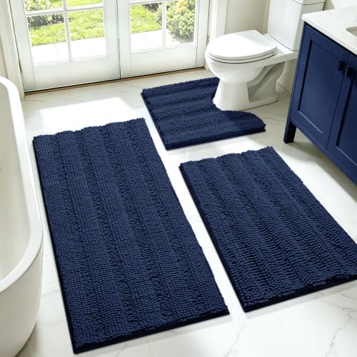 ACCUMTEK Striped Navy Blue Bathroom Rug Set 3 Pieces Ultra Soft, Non Slip Chenille Toilet Mat, Absorbent Plush Shaggy Bath Mats for Bathroom, Bedroom, Kitchen