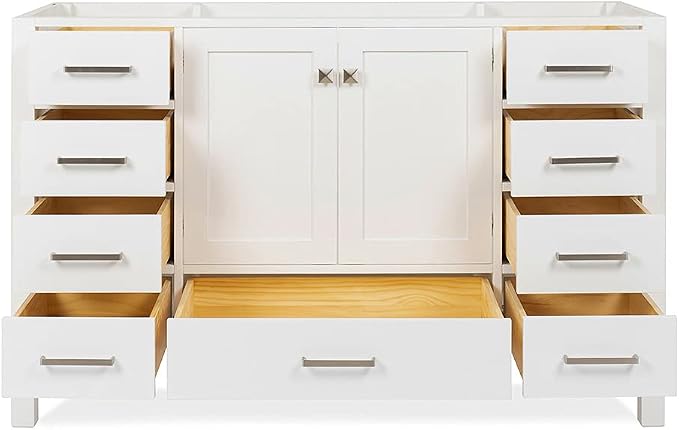 ARIEL Cambridge 54-inch Bathroom Vanity Base Cabinet,Solid Wood, 2 Soft Closing Doors, 9 Dovetail Drawers, White