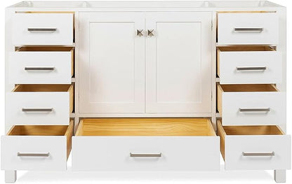 ARIEL Cambridge 54-inch Bathroom Vanity Base Cabinet,Solid Wood, 2 Soft Closing Doors, 9 Dovetail Drawers, White