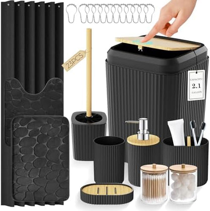 Black Bathroom Accessories Set, Bathroom Set with Shower Curtain and Rugs, Trash Can, Toilet Brush with Holder, Soap Dispenser, Toothbrush Holder, Cup, Soap Dish, Qtip Holders, Hooks, Restroom Decor