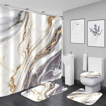 Nkzply 4 Pcs White Marble Shower Curtain Set Grey Bathroom Sets with Rugs
