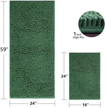 BOANKODU Bathroom RugsSets 2 Piece，59X24+16X24Inch，Absorbent Non-Slip Very Soft Chenille Mat,Machine Washable（Dark Green）