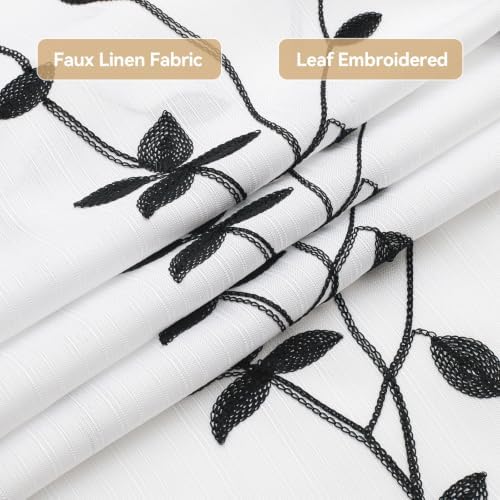 Embroidered Leaf Farmhouse Shower Curtain,Faux Linen,72Wx72L,White Black