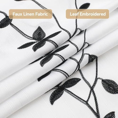 Embroidered Leaf Farmhouse Shower Curtain,Faux Linen,72Wx72L,White Black