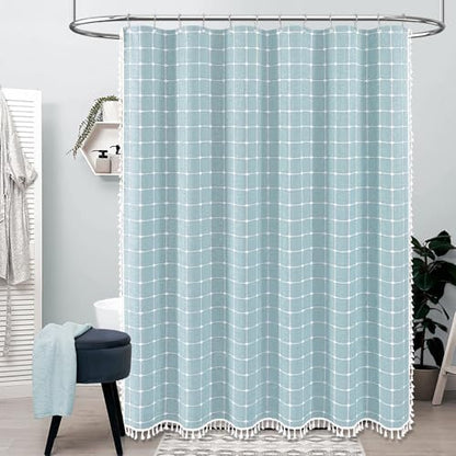 BTTN 72x78 Boho Farmhouse Linen Heavy Duty Fabric Shower Curtain, Fog Blue