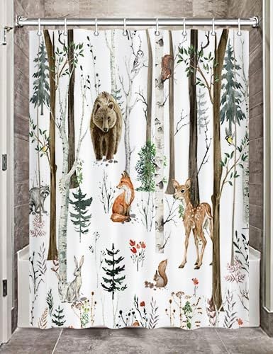JAWO Camper Shower Curtain, Rustic Lodge Cabin Woodsy Wildlife Animals Woodland Rv Shower Curtains Camper Camping Bathroom Set with Hooks, 47X64 Inch, White