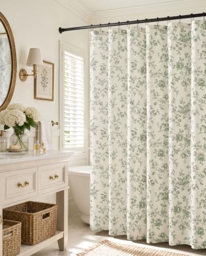 jinchan Linen Shower Curtain for Bathroom with 12 Hooks, Green, 70x72