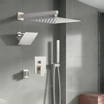 Shower System 12''Wall Mounted Shower Faucet Sets and 6 ''Wall Mounted Shower Head, Bostingner Diverter 5 Function Dual Shower System with 2 in 1 Shower Handheld Brushed Nickel