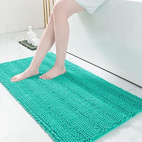 Grandaily Chenille Striped Bathroom Rugs 47x24, Extra Thick and Absorbent Bath Mats, Non-Slip Soft Plush Shaggy Shower Carpet, Machine Wash Dry, Bath Rug for Bathroom, Teal