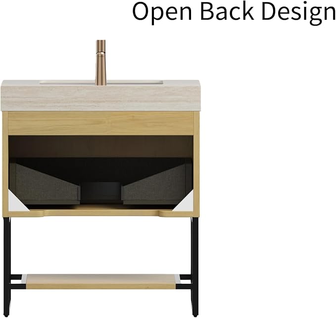 30" Freestanding Bathroom Vanity with Sink, Bathroom Vanity with Sintered Stone Top & Undermount Ceramic Basin, Pre-Assembled Striped Bathroom Storage Cabinet with Drawer & Open Shelf, Oak