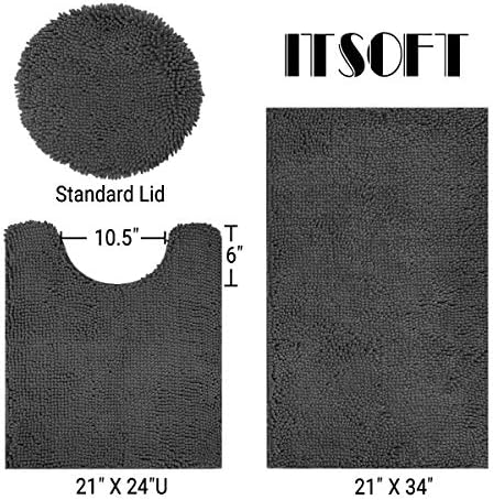 ITSOFT Standard 3pc Non-Slip Shaggy Chenille Bathroom Mat Set, Includes 24"x21" U-Shaped Contour Toilet Rug, 34"x21" Bathmat and 1 Toilet Lid Cover, Charcoal Gray