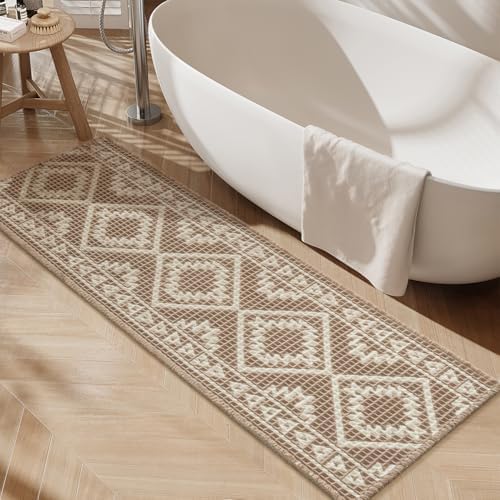 PADOOR-Waffle Bathroom Runner 24"x48", Super Absorbent Bath Mats for Bathroom, Machine Washable Non Slip Bath Rug with Tassels, Soft Bath Mat for Laundry Room, Bedroom, Brown & Cream, 2'x 4'