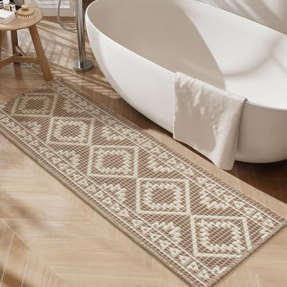 PADOOR-Waffle Bathroom Runner 24"x48", Super Absorbent Bath Mats for Bathroom, Machine Washable Non Slip Bath Rug with Tassels, Soft Bath Mat for Laundry Room, Bedroom, Brown & Cream, 2'x 4'