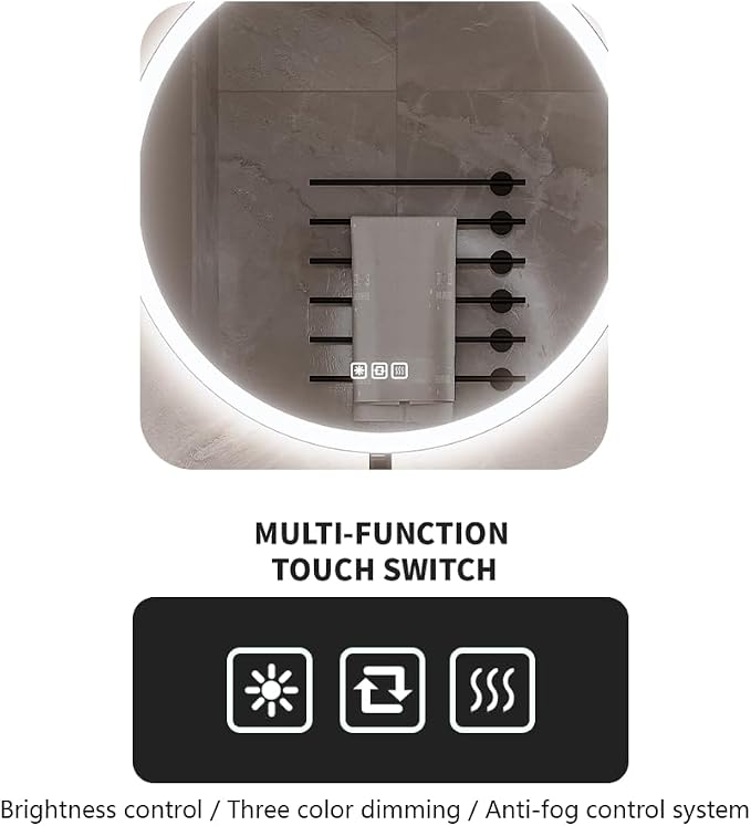 36inches Round LED Mirror,samrt Mirror Bathroom,Anti- Fog,3 Colors Dimmable,Front and Backlit,CRI90+,Touch Button