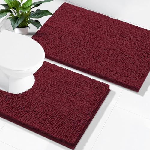 Smiry Chenille Bathroom Rugs Sets 2 Piece (24x16+ U Shape 24x20, Burgundy)