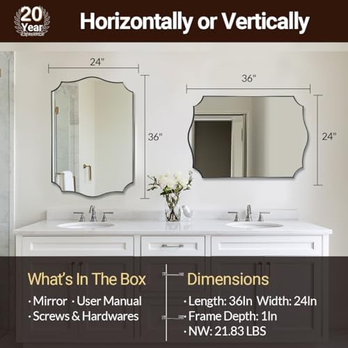 ANDY STAR Chrome Mirror 24x36, Polished Silver Bathroom Mirror, Modern Wavy Mirror with Sophisticated Curved Design, SUS304 Anti-Rust, 1’’ Deep Wall-Mounted Vertically/Horizontally