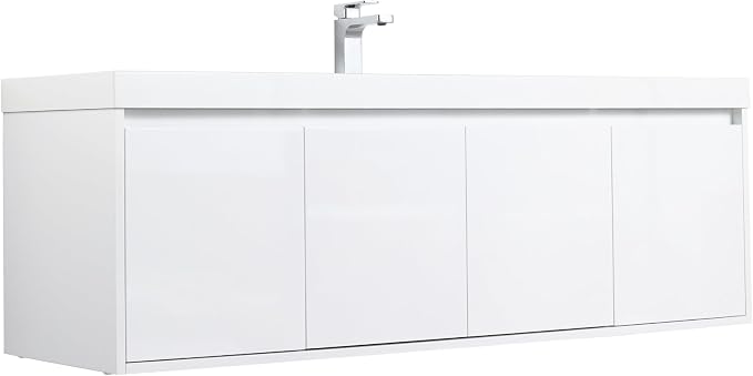 Blossom 60 Inch Floating Bathroom Vanity, Modern Single Sink Vanity with Marine-Grade Plywood, Zero-VOC Glossy White Wall Mounted Cabinet, Pre-Assembled for Easy Plumbing Install
