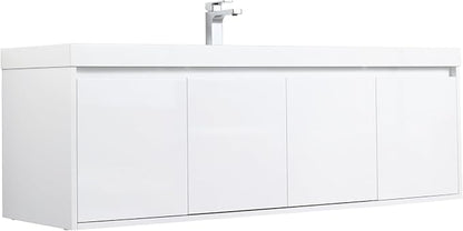 Blossom 60 Inch Floating Bathroom Vanity, Modern Single Sink Vanity with Marine-Grade Plywood, Zero-VOC Glossy White Wall Mounted Cabinet, Pre-Assembled for Easy Plumbing Install