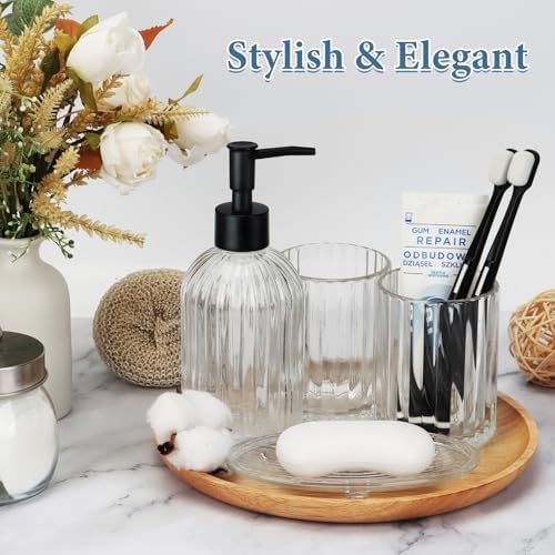 Glass Bathroom Accessories Set, 4Pcs Bathroom Accessories Sets Complete Lotion Soap Dispenser, Toothbrush Holder, Mouthwash Cup, Soap Dish for Bath Decor, Countertop Vanity Organizer (Clear)