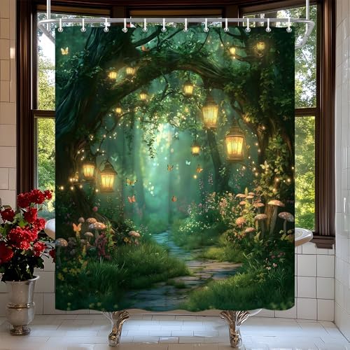 Fantasy Forest Path Shower Curtain Fairy Magical Enchanted Misty Jungle Mushroom Floral Tree Butterfly Lantern Wonderland Bath Curtain Fabric Bathroom Accessories Decor with Hooks 70W x70L