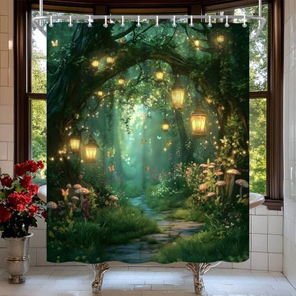 Fantasy Forest Path Shower Curtain Fairy Magical Enchanted Misty Jungle Mushroom Floral Tree Butterfly Lantern Wonderland Bath Curtain Fabric Bathroom Accessories Decor with Hooks 70W x70L