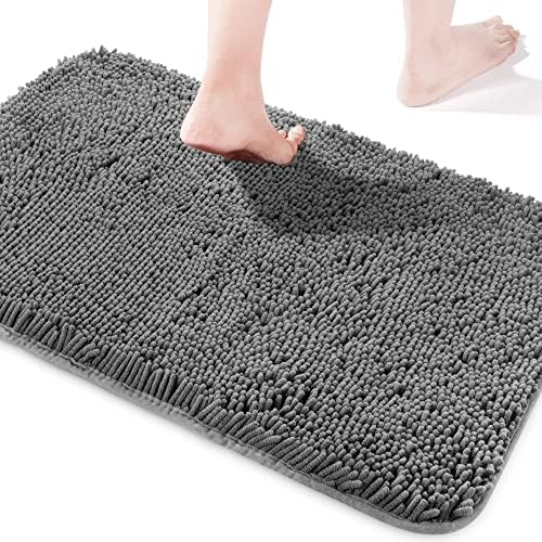 Yeaban Chenille Dark Gray Bathroom Rug 17"x24", Non-Slip Rubber Backing
