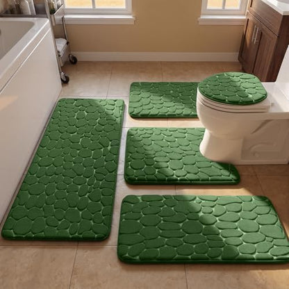 YIHOUSE Bathroom Rugs Mat Set, Memory Foam Bath Mat 5 Piece Green
