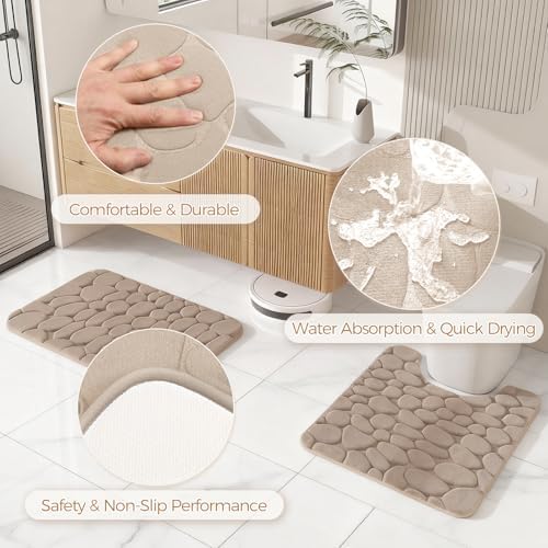 Bathroom Accessories Set - Beige Bathroom Set with Shower Curtain and Rugs, Trash Can, Toilet Brush with Holder, Soap Dispenser, Toothbrush and Toothpaste Holder, Cup, Soap Dish, Qtip Holders, Hooks