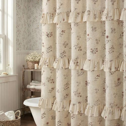 Brown Floral Farmhouse French Country Ruffle Linen Shower Curtain 72Wx72H