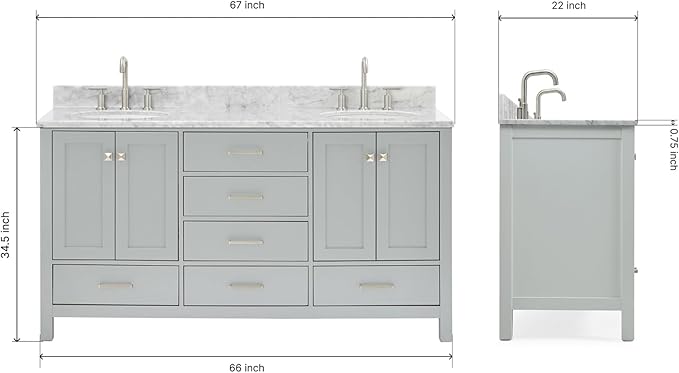 ARIEL Cambridge 66-inch Bathroom Vanity with Sink,Solid Wood, 0.75-inch Italian Carrara Marble Countertop & Backsplash, Double Oval Porcelain Sink, 4 Soft Closing Doors, 6 Dovetail Drawers, Grey
