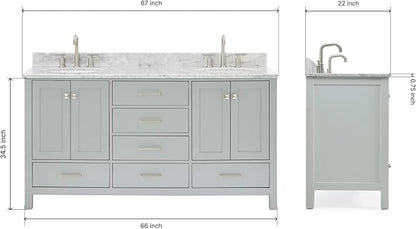 ARIEL Cambridge 66-inch Bathroom Vanity with Sink,Solid Wood, 0.75-inch Italian Carrara Marble Countertop & Backsplash, Double Oval Porcelain Sink, 4 Soft Closing Doors, 6 Dovetail Drawers, Grey