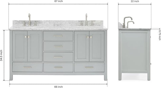 ARIEL Cambridge 66-inch Bathroom Vanity with Sink,Solid Wood, 0.75-inch Italian Carrara Marble Countertop & Backsplash, Double Oval Porcelain Sink, 4 Soft Closing Doors, 6 Dovetail Drawers, Grey