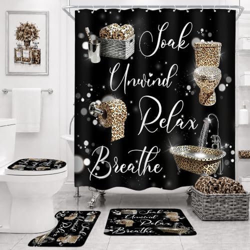 Cheetah Leopard Brown Women Cool 4Pcs Bathroom Shower Curtain Set with Rugs