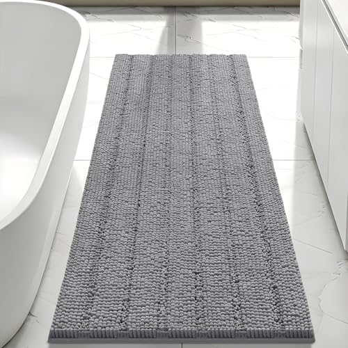 Bcoimo Bath Rug Mat,48x24 Chenille Non Slip Gray Long Bathroom Runner Rugs