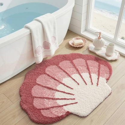 DEXI Cute Seashell Bath Mat, Coastal Scallop Bathroom Rug, 38x30 Pink