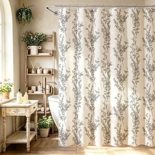 Black Linen Farmhouse Shower Curtain, Boho Floral Bathroom 72x72