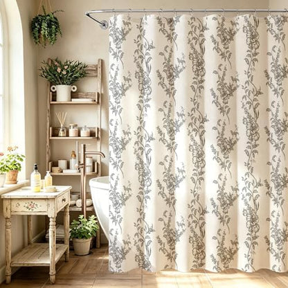 Black Linen Farmhouse Shower Curtain, Boho Floral Bathroom 72x72
