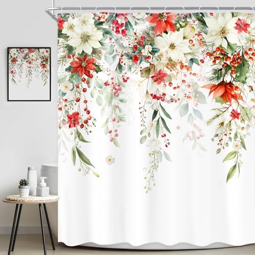 Christmas Red Floral White Xmars Poinsettias Bathroom Shower Curtain Set