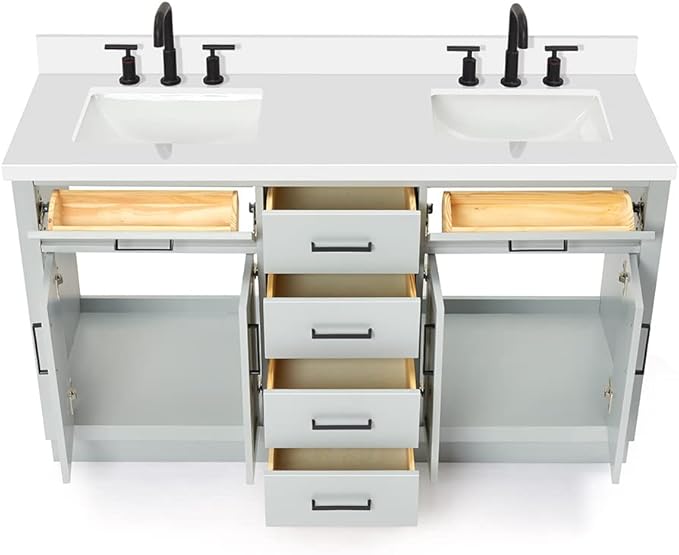 DKB Isabella 60" Grey Double Bathroom Vanity with Sink, 1.5" Edge Pure White Quartz Countertop, Rectangular Undermount Sinks, 4 Soft Closing Doors, 6 Dovetail Drawers