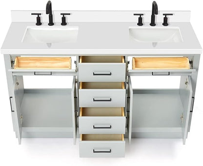 DKB Isabella 60" Grey Double Bathroom Vanity with Sink, 1.5" Edge Pure White Quartz Countertop, Rectangular Undermount Sinks, 4 Soft Closing Doors, 6 Dovetail Drawers