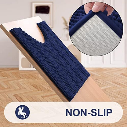 Grandaily Chenille Striped Toilet Rugs U-Shaped 24x20, Extra Soft and Absorbent Bathroom Rugs, Non-Slip Plush Shaggy Bath Rug, Machine Washable Contour Bath Mats for Toilet Base, Navy
