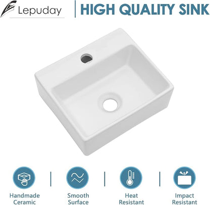 Wall Mounted Bathroom Sink 13x11 inch Porcelain Small Vessel Sink | Rectangular Bathroom Wall Hung Wash Basin Vessel Sink Modern White Ceramic Lavatory Sink for Bathroom Vanity
