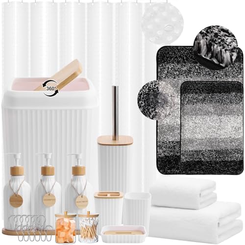 34PCS Bathroom Accessories Set with Shower Curtain,Rugs,Bath Towel,Trash Can,3PCS Lotion Soap Dispenser, Toothbrush Holder, Soap Dish,Tumbler Cup,6PCS Wood Tags Bath Accessories with Tray for Bathroom