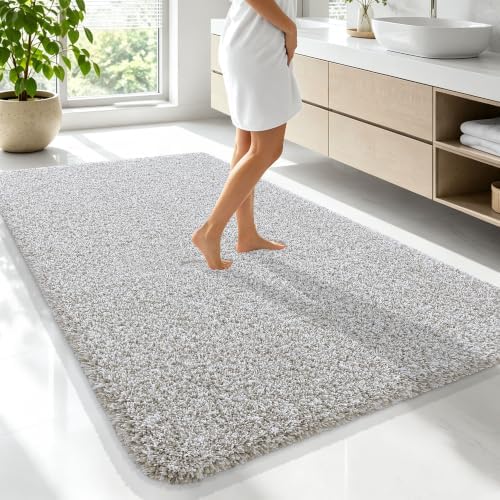 OLANLY Microfiber Bathroom Rugs 70x46, Quick Dry Bath Mat, Greige and White