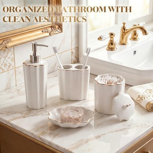 Zhehao 4 Pcs Scalloped Ceramic Bathroom Accessories Set,8.5 Inch, Gold
