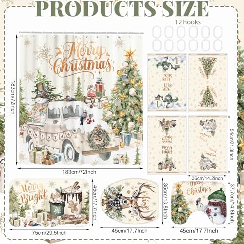 FuWeave 8 Pcs Christmas Shower Curtain Set Xmas Santa Bathroom Decoration Christmas Tree Hand Towels Snowman Toilet Lid Cover Bathroom Rugs Xmas Shower Curtain with Hooks (Vintage Style)