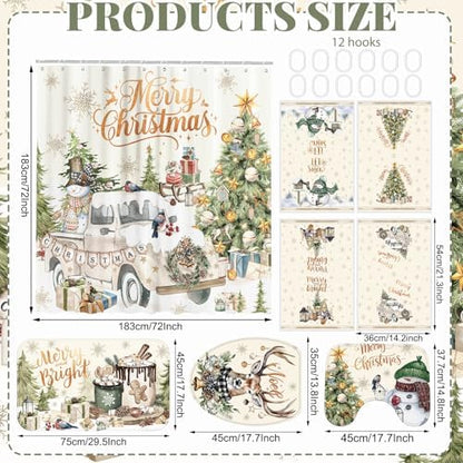 FuWeave 8 Pcs Christmas Shower Curtain Set Xmas Santa Bathroom Decoration Christmas Tree Hand Towels Snowman Toilet Lid Cover Bathroom Rugs Xmas Shower Curtain with Hooks (Vintage Style)